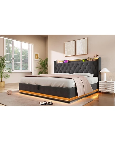 Lucky One Upholstered 360 Surround Led Light App & Remote Control Platform Bed Frame