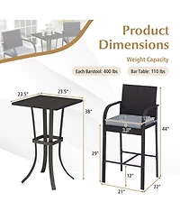 Gouun 3-Piece Wicker Bar Height Patio Set with Cushioned Stools and Square Table