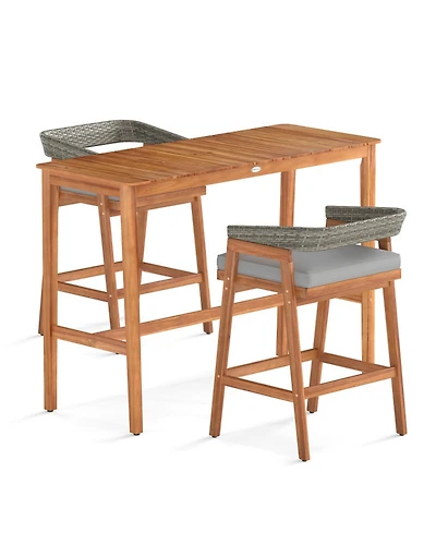 Gouun 54 x 22 in Acacia Wood Counter Height Patio Bar Set with Pe Rattan Barstools and Cushions