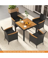 Gouun 5-Piece Patio Dining Set with Acacia Wood Table, Rattan Chairs, Cushions and Umbrella Hole
