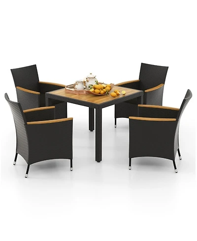 Gouun 5-Piece Patio Dining Set with Acacia Wood Table, Rattan Chairs, Cushions and Umbrella Hole