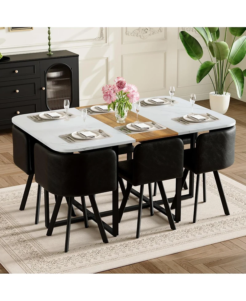 Streamdale Furniture 6-Pieces Faux Marble Dining Set with 6 Leather Chairs