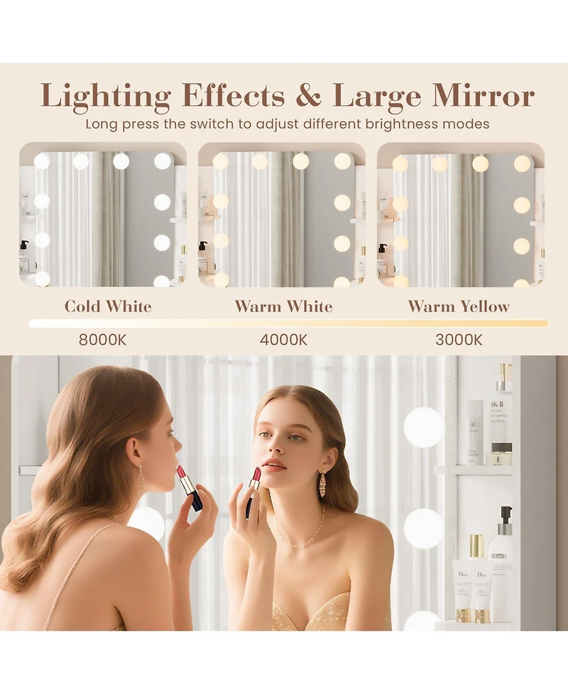 Homfan Makeup Vanity Desk with Mirror 12 Led Lights, Power Outlet, 2 Drawers, 6 Shelves, Hair Dryer Holder and Stool for Bedroom