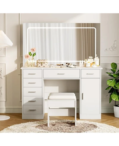 Homfan Makeup Vanity Desk with Large Dimmable Mirror, 7 Drawers and Chair, 3 Lighting Modes, Built-in Charging Station, Hair Dryer Holder