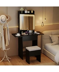 Gouun Space-Saving Vanity Desk with Led Mirror, Drop-Leaf Extension and Stool