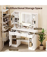 Homfan Vanity Desk with Mirror and Adjustable Led Lights, 2 Glass Cabinets, Spacious 3 Wavy Drawers, Makeup Dressing Table for Bedroom
