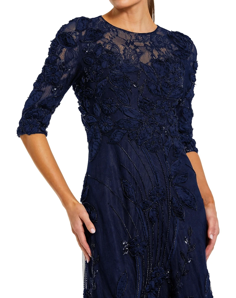 Mac Duggal Petite High Neck Embellished Lace Gown with 3/4 Sleeves