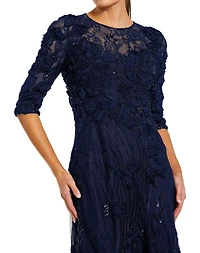 Mac Duggal Petite High Neck Embellished Lace Gown with 3/4 Sleeves