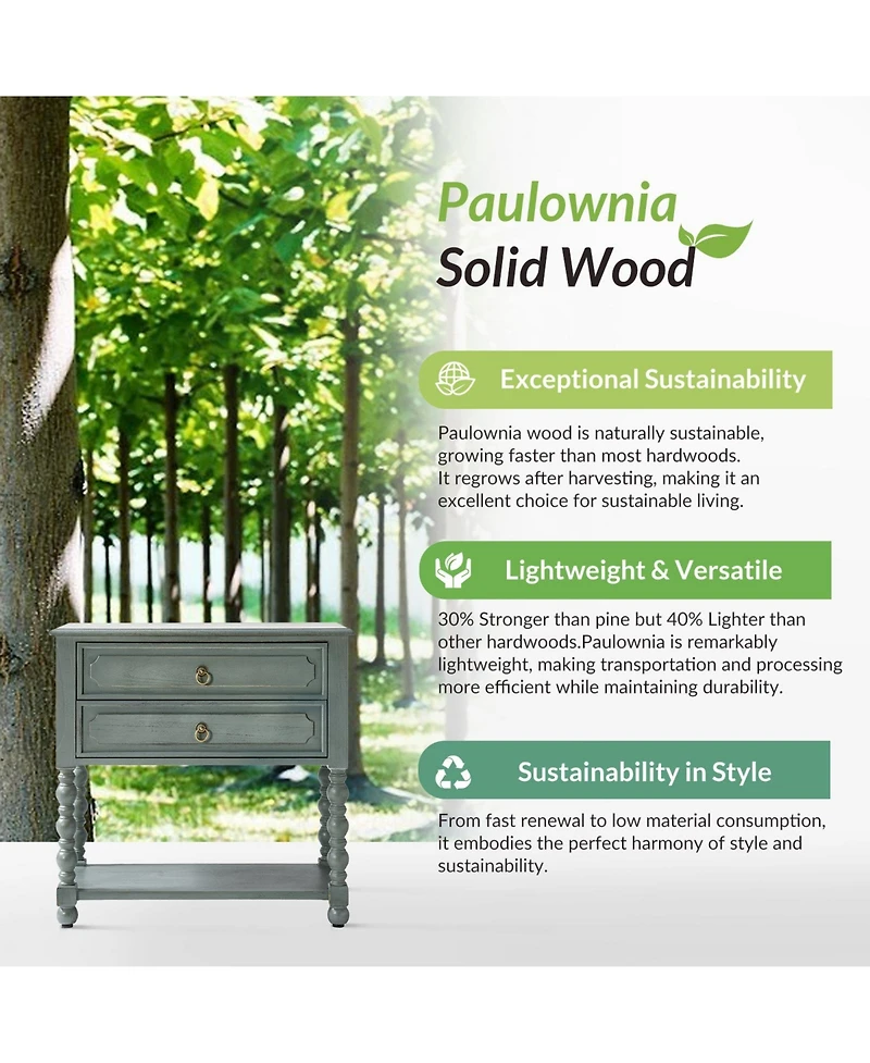 Hulala Home Aristidh Traditional 30"Tall Solid Wood 2-Drawer End Table with Built-in Charging Outlets