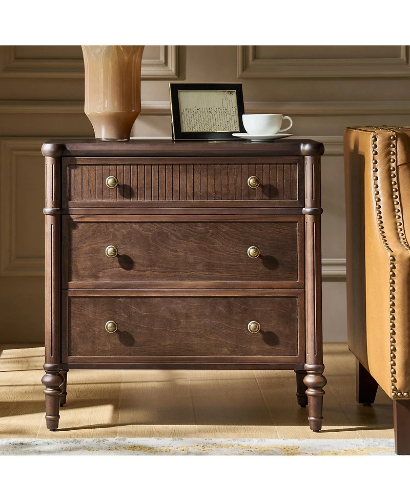 Hulala Home Kaybri Transitional 28"W 3-Drawer Fluted Solid End Table with Built-in Power Outlets