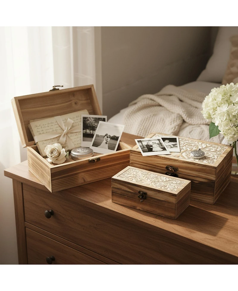 Yigii 3 Piece Tree Of Life Carved Wooden Keepsake Boxes Decorative Storage Trinket Memorabilia