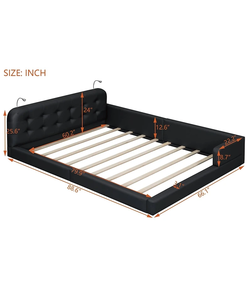 Lucky One Queen Size Upholstered Platform Bed with 2 Reading Lights