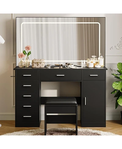 Homfan Makeup Vanity Desk with Large Dimmable Mirror, 7 Drawers and Chair, 3 Lighting Modes, Built-in Charging Station, Hair Dryer Holder