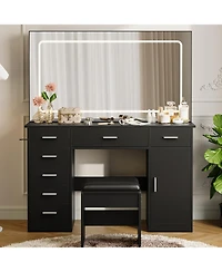 Homfan Makeup Vanity Desk with Large Dimmable Mirror, 7 Drawers and Chair, 3 Lighting Modes, Built-in Charging Station, Hair Dryer Holder