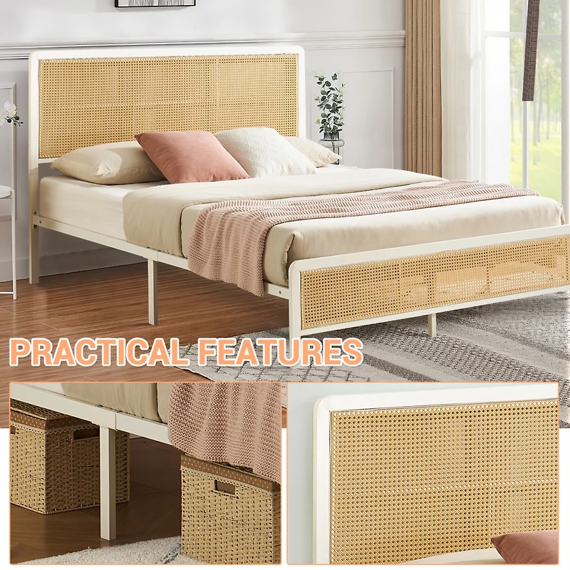 homfan Full Size Bed Frame with Rattan Headboard, Modern Platform Bed, Heavy Duty Bed Frame With Metal Slat Support
