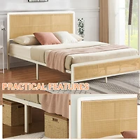 homfan Full Size Bed Frame with Rattan Headboard, Modern Platform Bed, Heavy Duty Bed Frame With Metal Slat Support