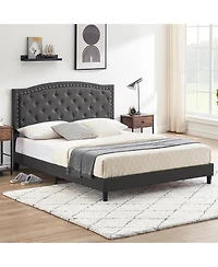 Homfan Queen Size Bed Frame with Adjustable Headboard, Upholstered Platform Bed with Wooden Slat
