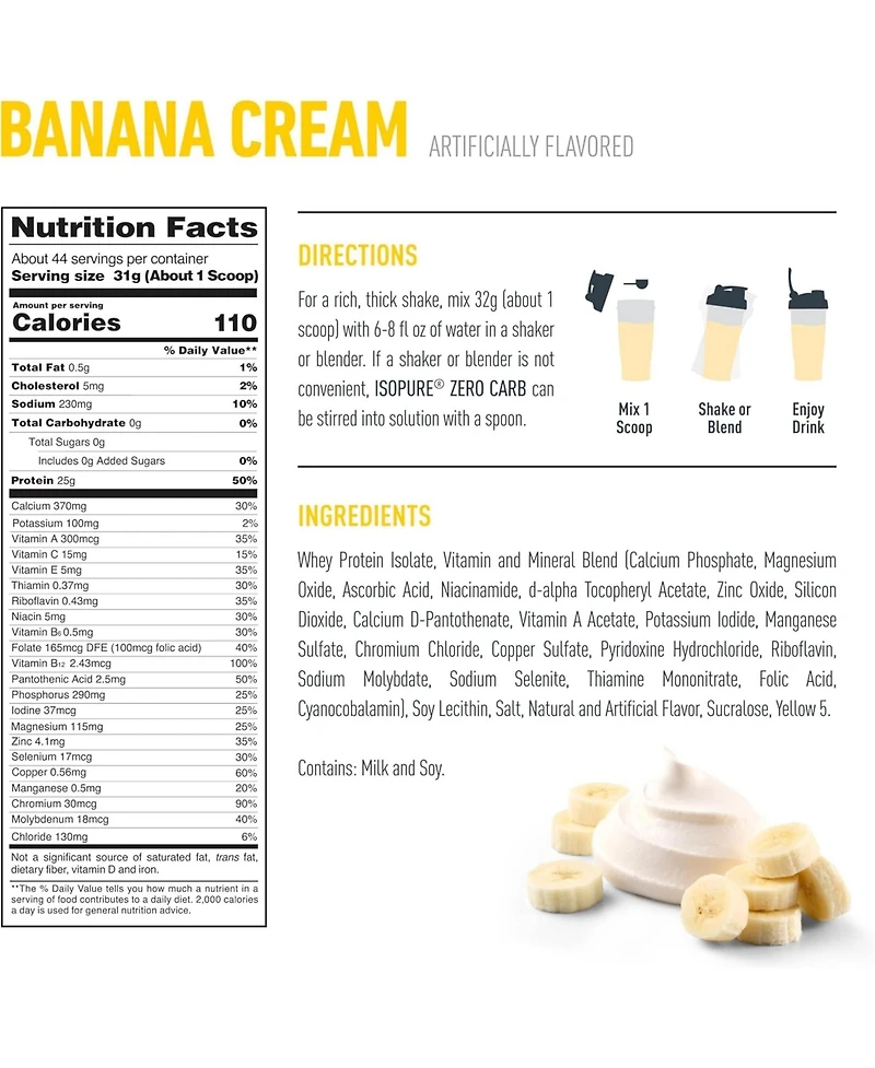 Isopure Zero Carb Pure Whey Isolate Protein Powder, Lactose Free, Gluten Free, With Vitamins, Banana Cream, 25g Protein Per Serving, 44 Servings