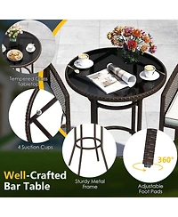 Gouun Pe Wicker 3-Piece Patio Bar Set with Round Tempered Glass Table and Cushioned Armchairs