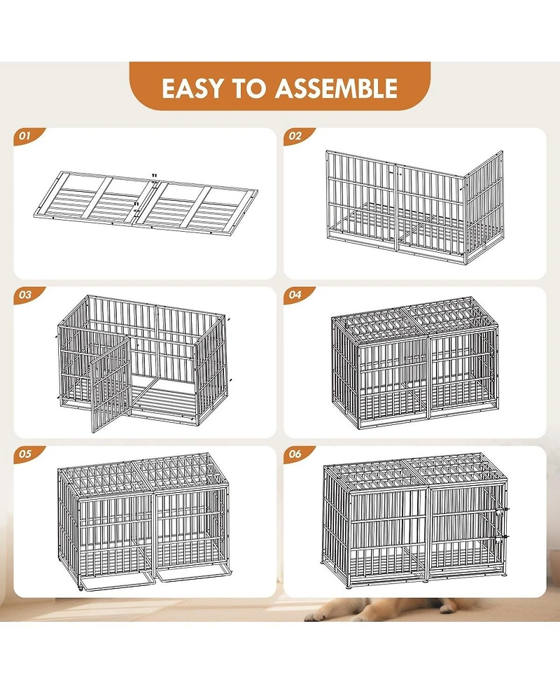 6thdruple 60" Dog House Crate, Heavy Duty Metal Kennel with Roof Door, Removable Trays and Mat