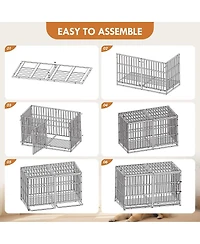 6thdruple 60" Dog House Crate, Heavy Duty Metal Kennel with Roof Door, Removable Trays and Mat