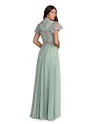 Mac Duggal Women's Embroidered Top Chiffon Skirt Ruffle Sleeve Gown