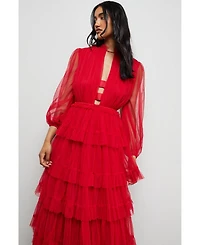 Warehouse Women's Ruffle Neck Tulle Maxi Dress