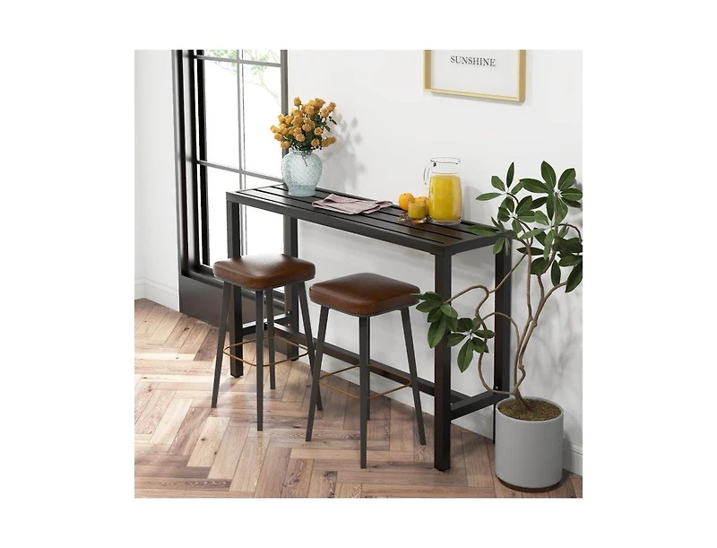 Lucky One 48/55 Inch Outdoor Bar Table with Slatted Top and Metal Frame