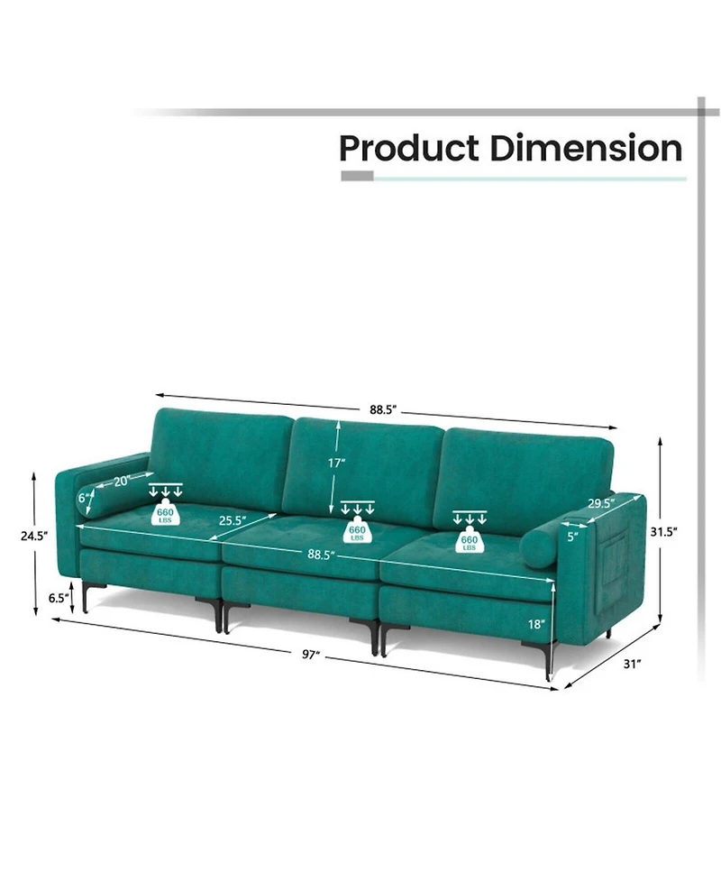 Gouun 97 in Modular 3-Seat Sofa Couch with Usb Ports and Side Storage Pocket
