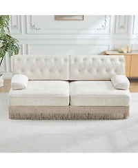 Rainsken Velvet Loveseat Sofa, Mid-Century Upholstered Couch with Button Tufted Design and Floor-grazing Tassel Fringe Skirt for Living Room