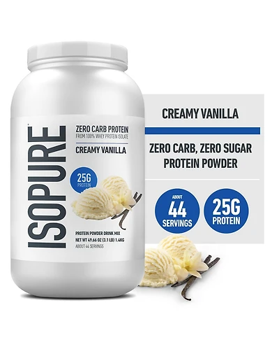 Isopure Zero Carb Pure Whey Isolate Protein Powder, Lactose Free, Gluten Free, Vitamins, Creamy Vanilla, 25g Protein Per Serving, 44 Servings