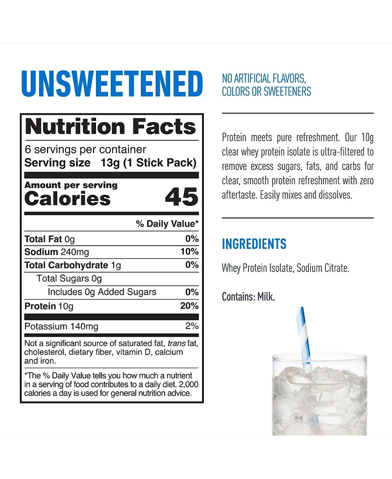 Isopure Clear Protein with Electrolytes, Unsweetened Stick Pack, 6 Count