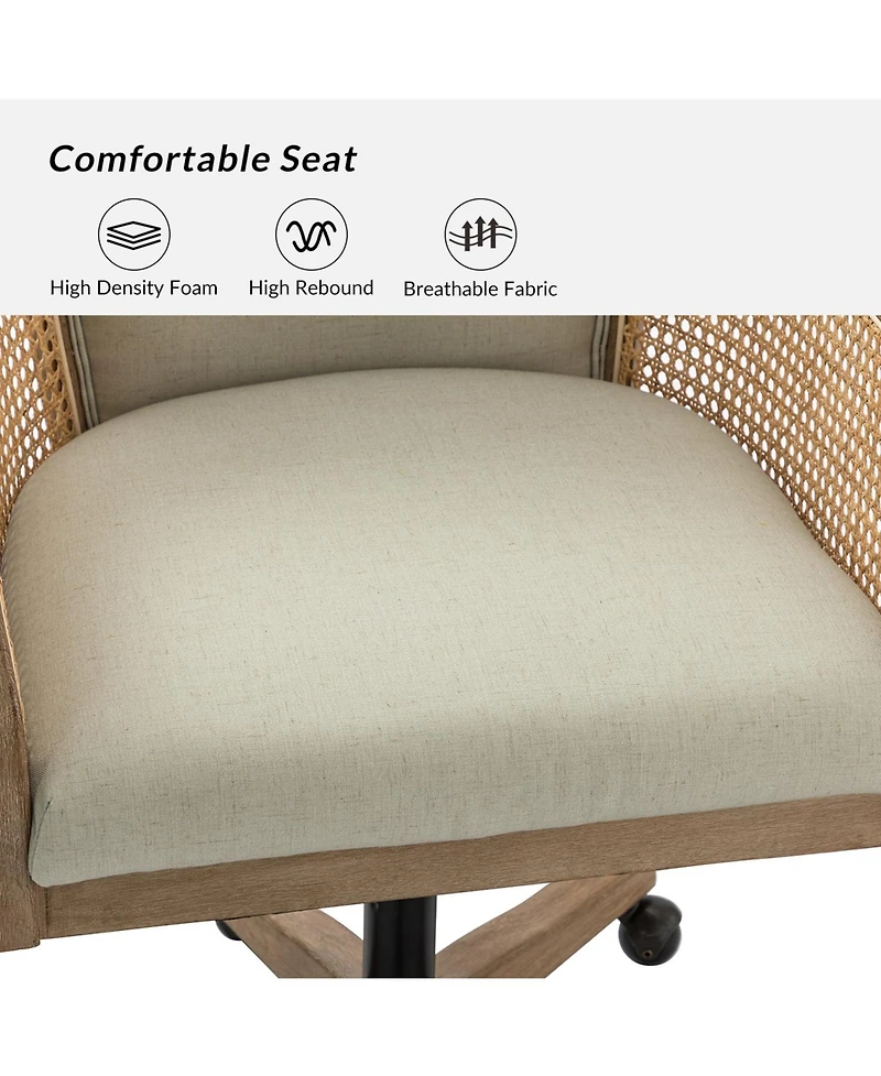 Hulala Home Ackeron Farmhouse Rattan Upholstered Office Task Chair with Solid Wood Arms