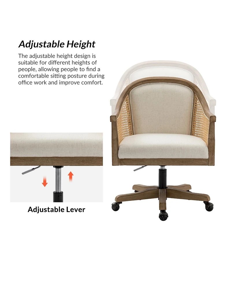 Hulala Home Ackeron Farmhouse Rattan Upholstered Office Task Chair with Solid Wood Arms