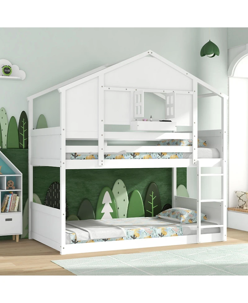 Gouun Twin Over Twin House-Shaped Bunk Bed with Roof, Lockable Window and Storage