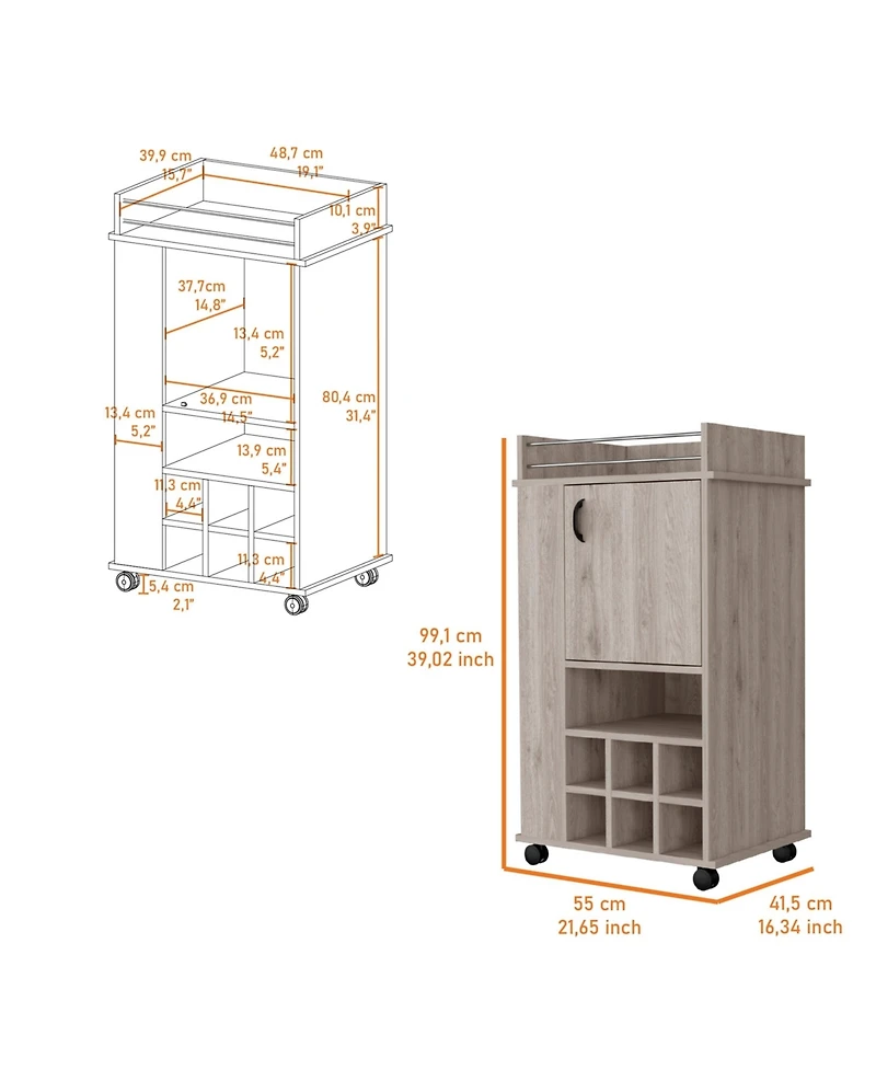 Flynama Light 1-Door Bar Cart with Wine Rack and Casters, Rolling Home Bar Storage Cart