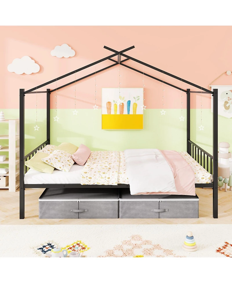 Gouun Full Size Metal House Bed Frame with 2 Fabric Storage Drawers for Kids