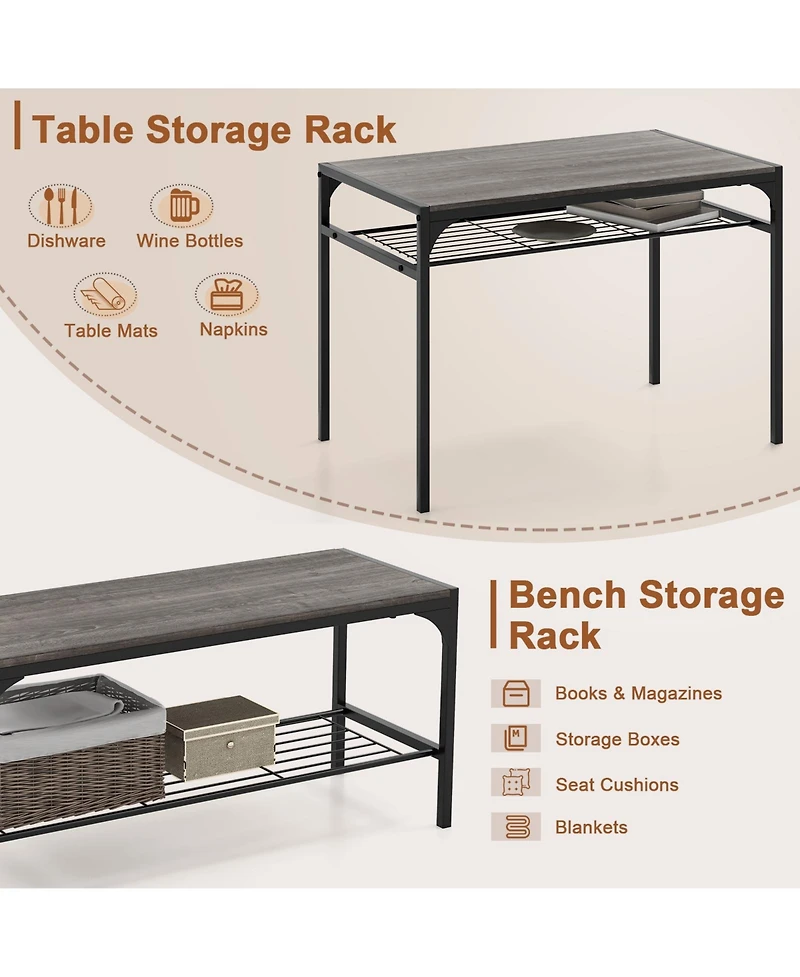 Gouun Industrial 4-Piece Dining Set with Rectangular Table, Bench, and 2 Chairs