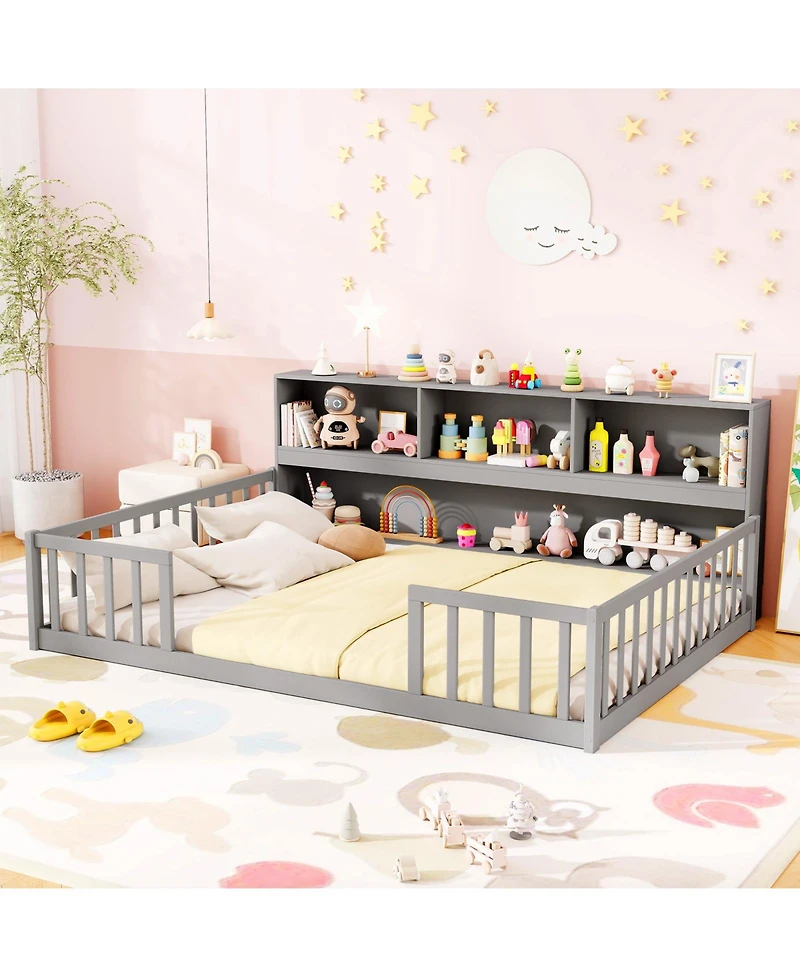 Sugift Twin Size Montessori Floor Bed with Bookcase