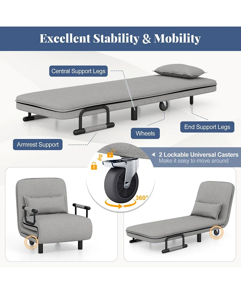Sugift 3-in-1 Convertible Sofa Bed with 5-Position Adjustable Backrest and Lumbar Pillow