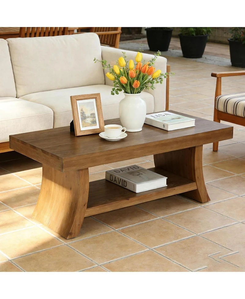 Tribesigns Farmhouse Coffee Table with Storage Shelf, 47.2" Mid Century Modern Solid Wood Coffee Tables with Curved Base