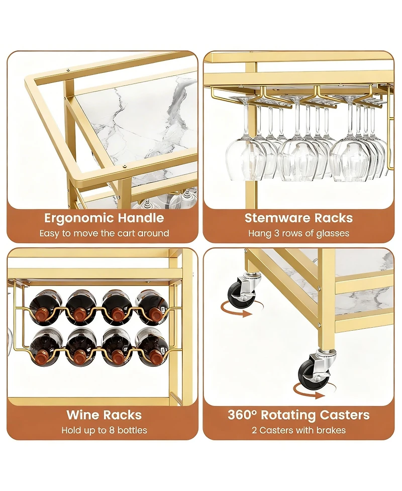 Yigii Bar Cart with Wine Rack & Glass Holder with Removable Tray - Swivel Casters