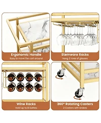 Yigii Bar Cart with Wine Rack & Glass Holder with Removable Tray - Swivel Casters