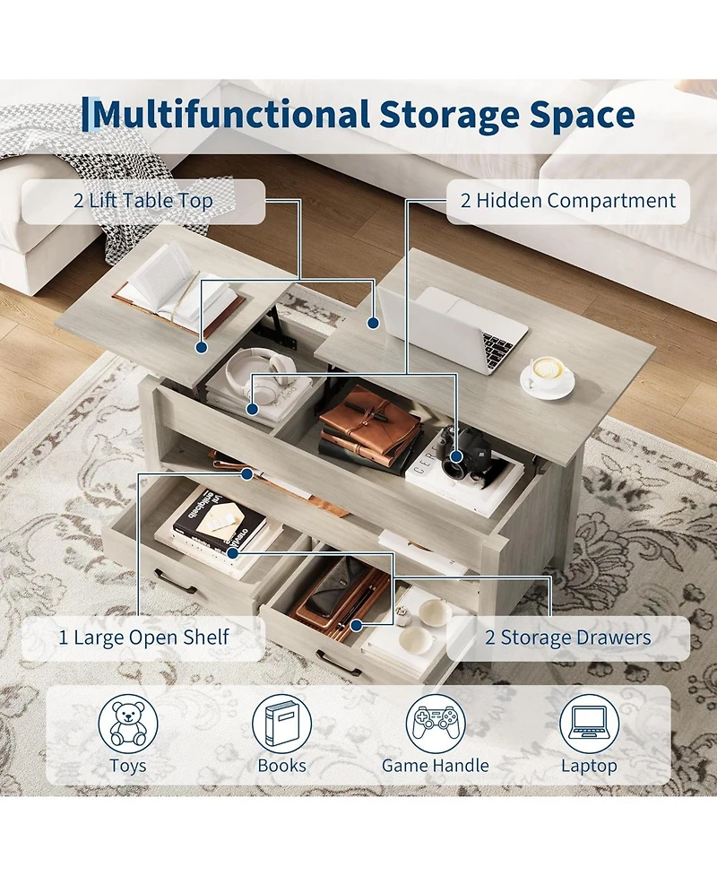gaomon 47.2'' Lift-Top Coffee Table with Storage, Wooden Lift Tabletop, 2 Drawers & Hidden Compartment