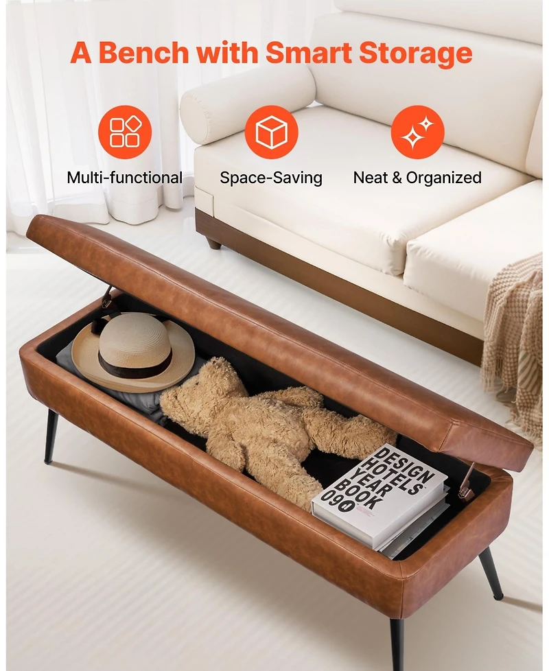 Gouun Pu Leather Storage Ottoman Bench with Metal Legs and Hidden Compartment, 660 lb Capacity