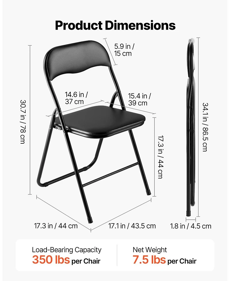 Gouun Padded Folding Chairs Pack of 4 with Faux Leather Cushion and Metal Frame, 350 lb Each