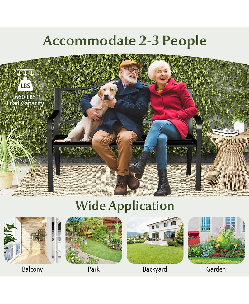 Sugift 50 in Outdoor Garden Bench with Floral Backrest and Slatted Seat