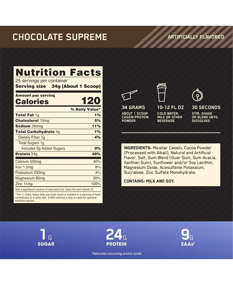 Optimum Nutrition Gold Standard Casein, 24 grams Protein Powder, Chocolate Supreme, 25 Servings