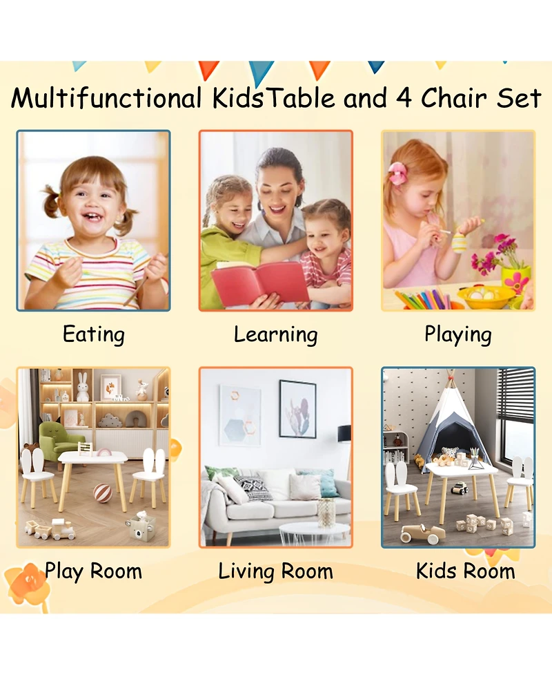 Rainsken 3 Piece Wood Table and Chair Set, w/ 2 Rabbit Themed Chairs, Wood Activity Table Drawing Play Table Set, Age 2-6 Boys Girls