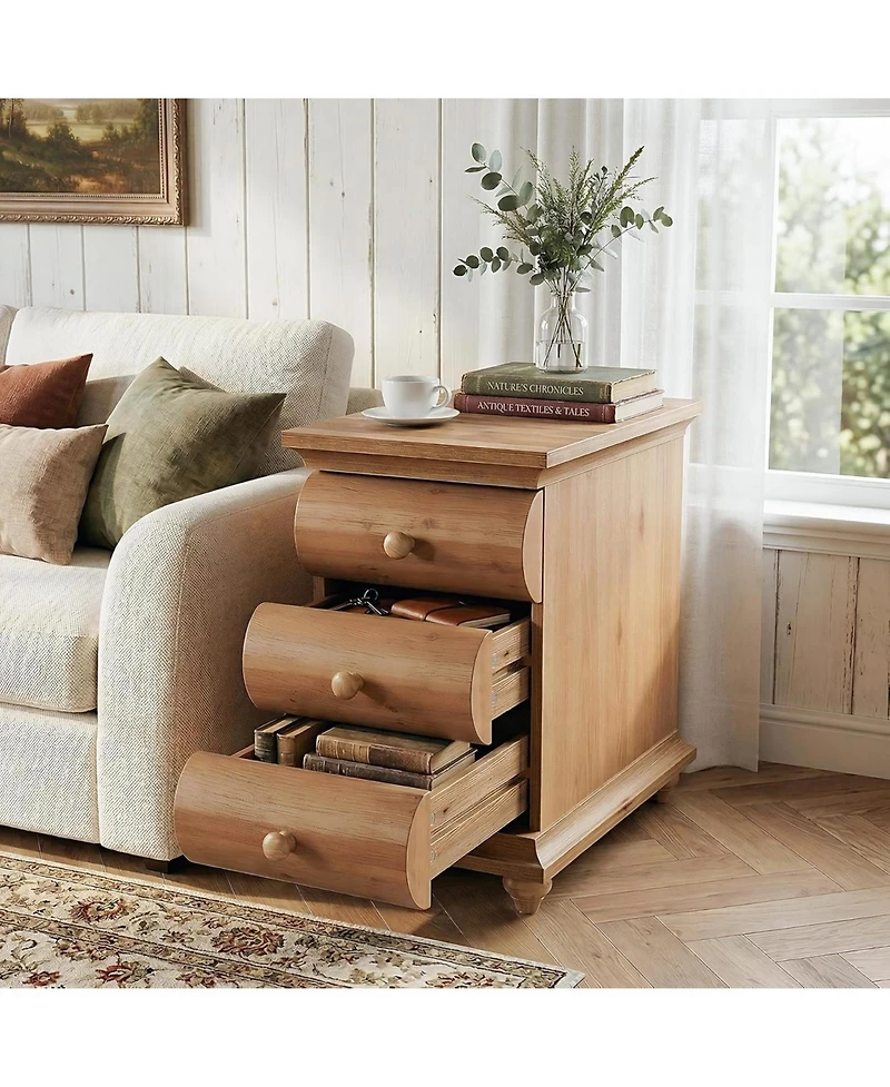 Tribesigns Solid Wood End Table Set of 2, 3 Drawers Narrow Sofa Side Table with Finished Back, Rustic Slim Nightstand Bedside Table